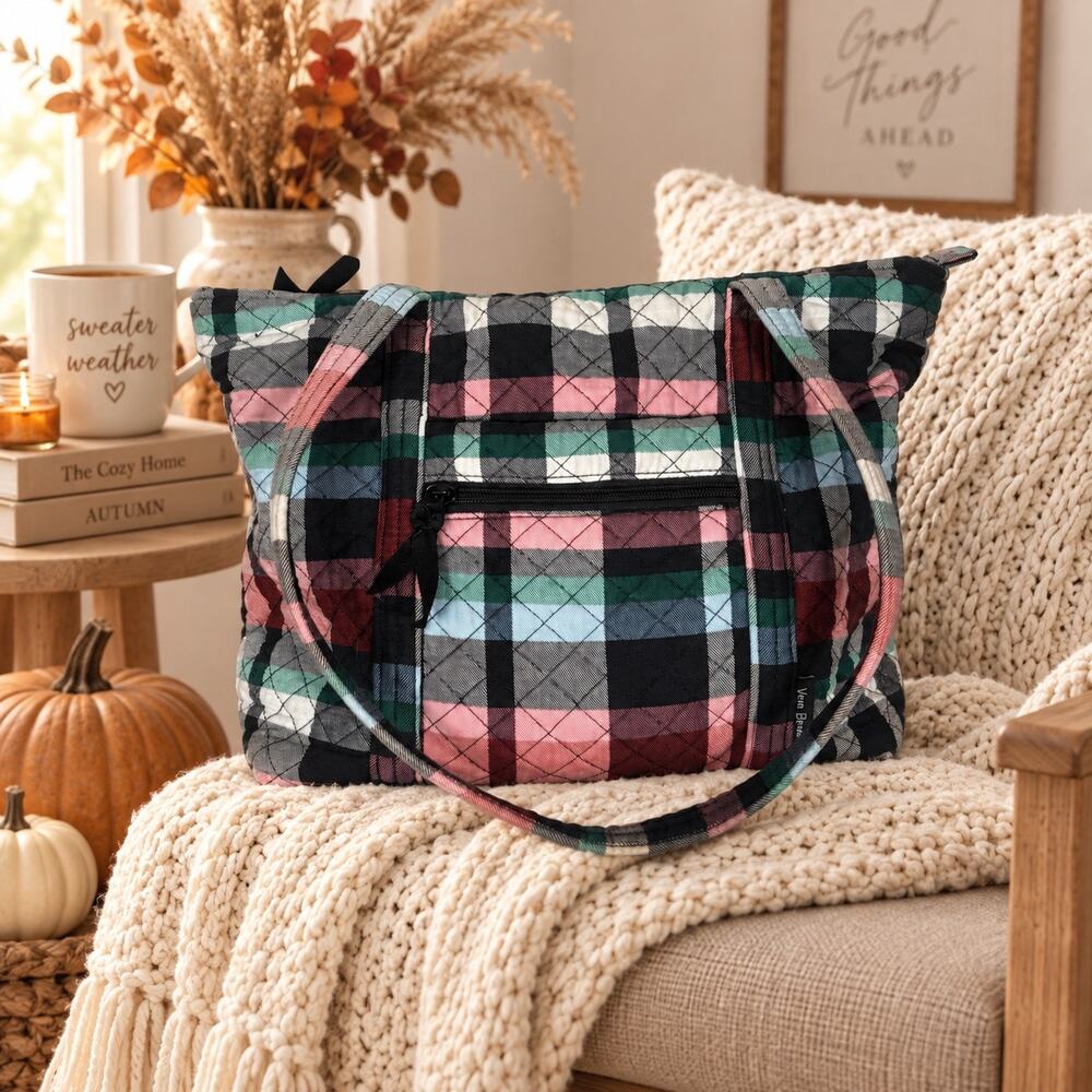 Vera Bradley Small Vera Tote Ribbons Plaid Quilted Cotton Bag